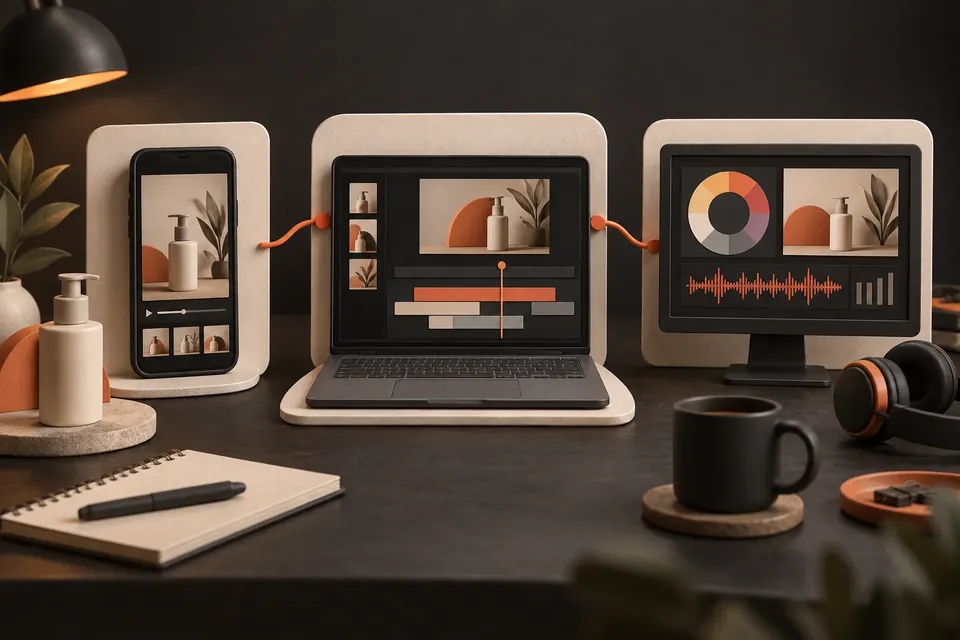 Ilustración de tres formas de editar contenido de un negocio: móvil, portátil con una línea de tiempo y monitor con herramientas de color y audio.