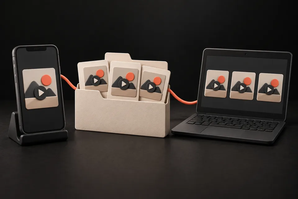 Ilustración 3D de archivos de vídeo que pasan del móvil a una carpeta y un ordenador.