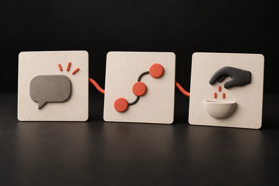 Tres tarjetas ilustradas en 3D representan preguntas, procesos y demostraciones para un reel.
